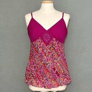 W Womens Top 12 Pink Purple Floral Print Camisole Tank Top Beaded Boho Chic  Y2K